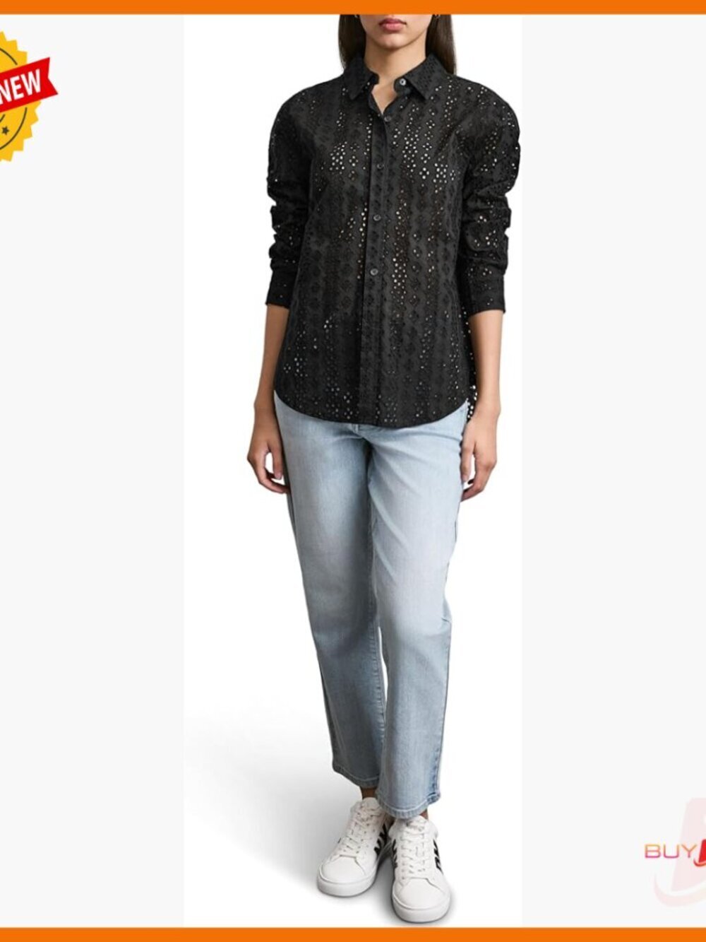 Long Sleeve Eyelet Blouse, 100% Cotton, Regular Fit, Casual Work Top